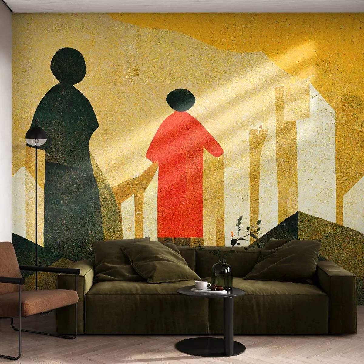 Papier Peint Photo Premium Sand - Figures géométriques sur fond de collines et de colonnes jaunes - 100x70cm - La route est encore longue - Décoration murale moderne pour le salon et la chambre ARTTOR