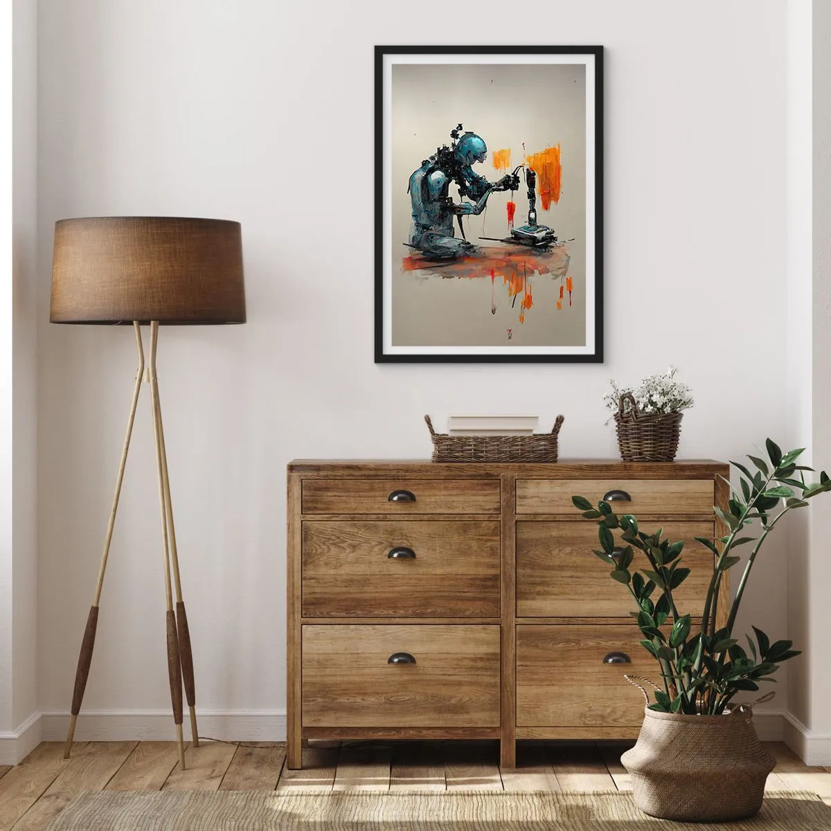 Affiche dans un cadre noir - Poster - Un robot cybernétique en train de créer de l'art. - 50x70cm - Déjà demain… - Décoration murale moderne pour le salon et la chambre ARTTOR