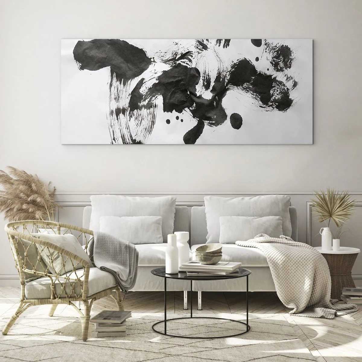 Impression sur verre - Image sur verre - Composition abstraite de taches noires sur fond blanc - 160x50cm - De la méthode dans la folie ? - Décoration murale moderne pour le salon et la chambre ARTTOR