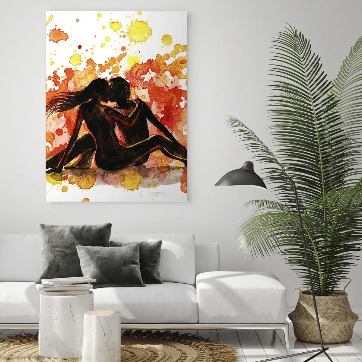 Impression sur verre - Image sur verre - Silhouette d'un couple sur un fond de taches d'aquarelle colorées - 50x70cm - Et la lumière fut - Décoration murale moderne pour le salon et la chambre ARTTOR