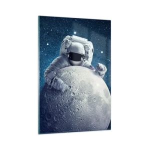 Impression sur verre - Image sur verre - Astronaute tenant la lune dans un ciel étoilé - 80x120cm - Comique de l'espace - Décoration murale moderne pour le salon et la chambre ARTTOR