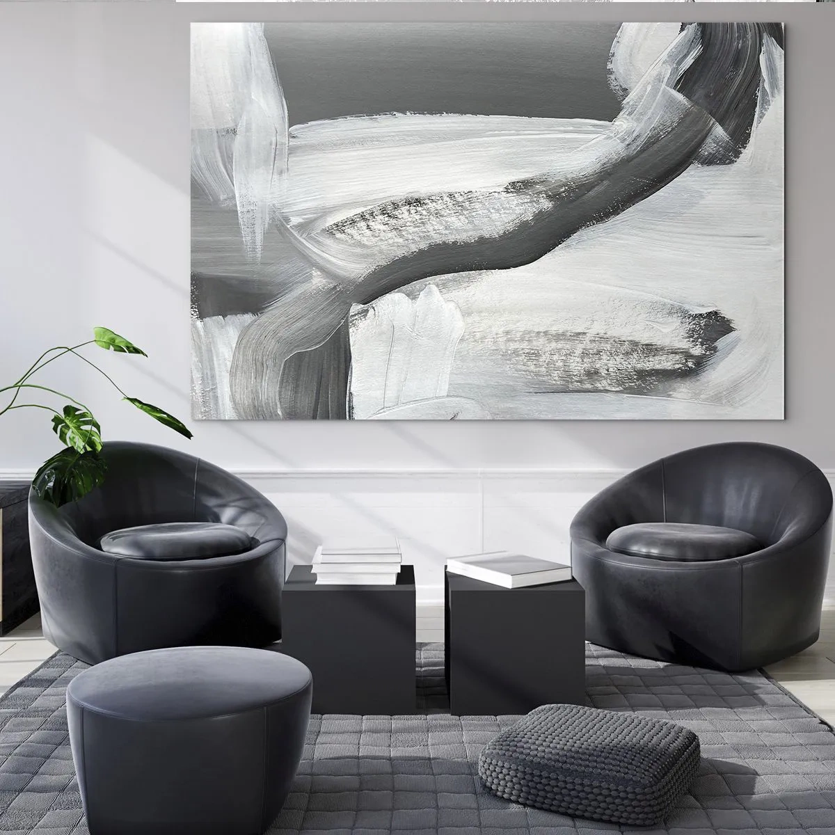 Impression sur verre - Image sur verre - Abstraction en noir et blanc avec des coups de pinceau dynamiques. - 70x50cm - Un geste décisif - Décoration murale moderne pour le salon et la chambre ARTTOR