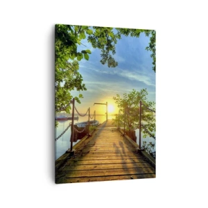 Impression sur toile - Image sur toile - Une jetée sur le lac dans les rayons du soleil couchant - 50x70cm - L'ouest au-dessus de l'eau - Décoration murale moderne pour le salon et la chambre ARTTOR