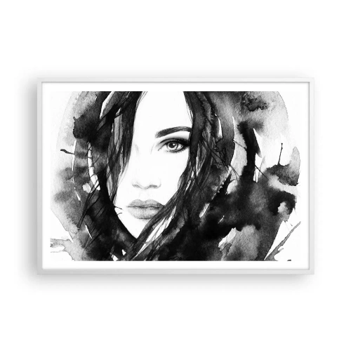 Affiche dans un cadre blanc - Poster - Portrait d'une dame en noir et blanc - 100x70 cm