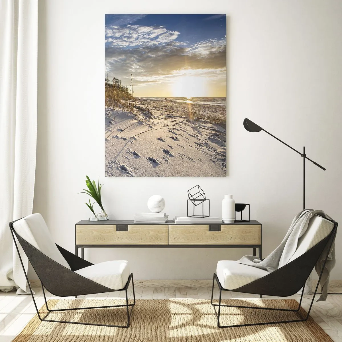 Impression sur verre - Image sur verre - Plage de sable au coucher du soleil avec des herbes près de la dune - 50x70cm - Invitation à la ballade - Décoration murale moderne pour le salon et la chambre ARTTOR