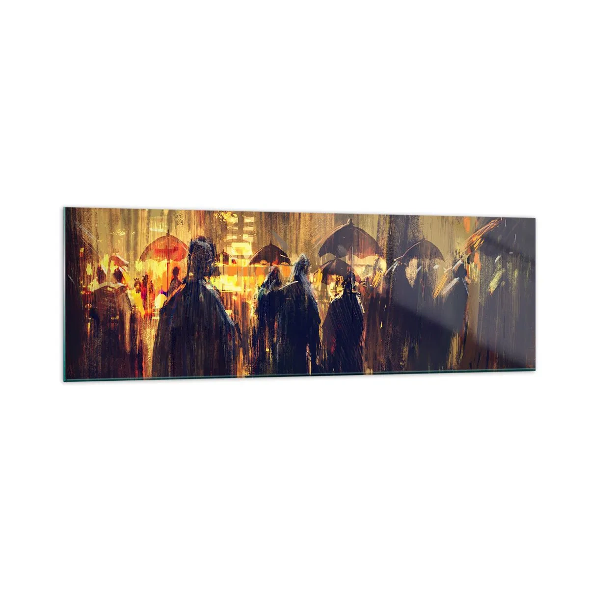 Impression sur verre - Image sur verre - Personnages avec des parapluies dans une ville pluvieuse la nuit - 160x50cm - Adeptes de la pluie - Décoration murale moderne pour le salon et la chambre ARTTOR