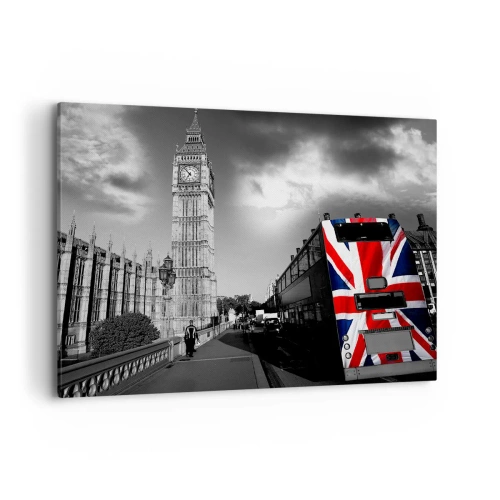 Impression sur toile - Image sur toile - Big Ben et un bus avec un drapeau britannique sur fond noir et blanc - 100x70cm - Fière et grande - Décoration murale moderne pour le salon et la chambre ARTTOR