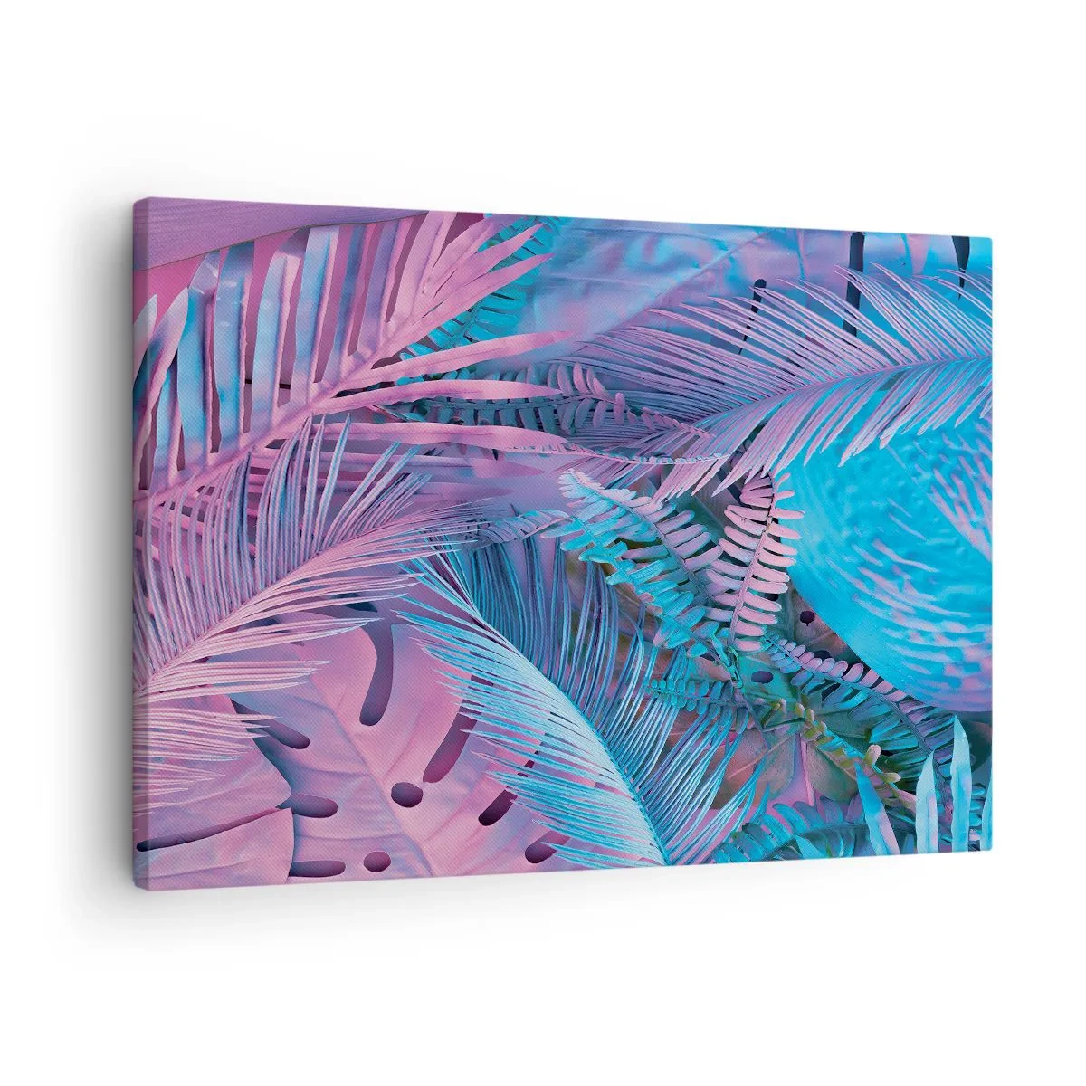 Impression sur toile - Image sur toile - Feuilles tropicales dans les tons de rose et de bleu - 70x50cm - Les tropiques en rose et bleu - Décoration murale moderne pour le salon et la chambre ARTTOR