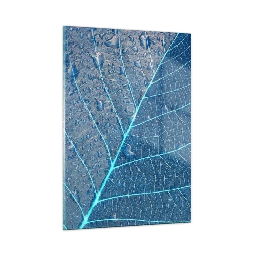 Impression sur verre - Image sur verre - Macrophotographie d'une feuille avec des gouttes d'eau dans des tons de bleu - 50x70cm - La vie en bleu - Décoration murale moderne pour le salon et la chambre ARTTOR