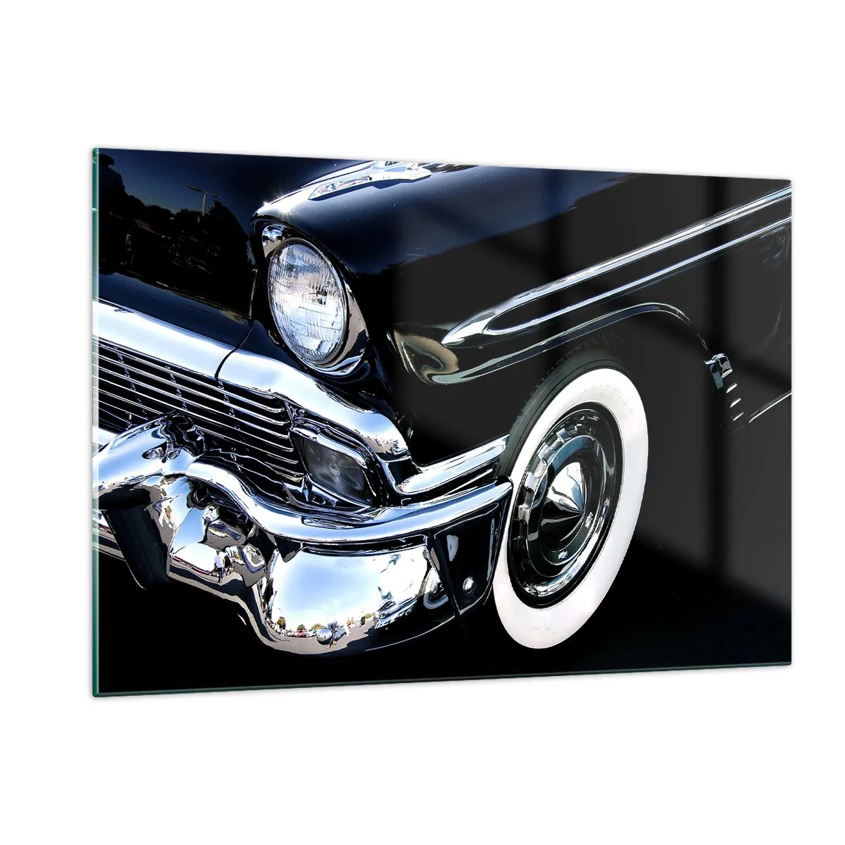 Impression sur verre - Image sur verre - Gros plan d'une voiture noire vintage avec des détails chromés - 120x80cm - Classique en argent, noir et blanc - Décoration murale moderne pour le salon et la chambre ARTTOR