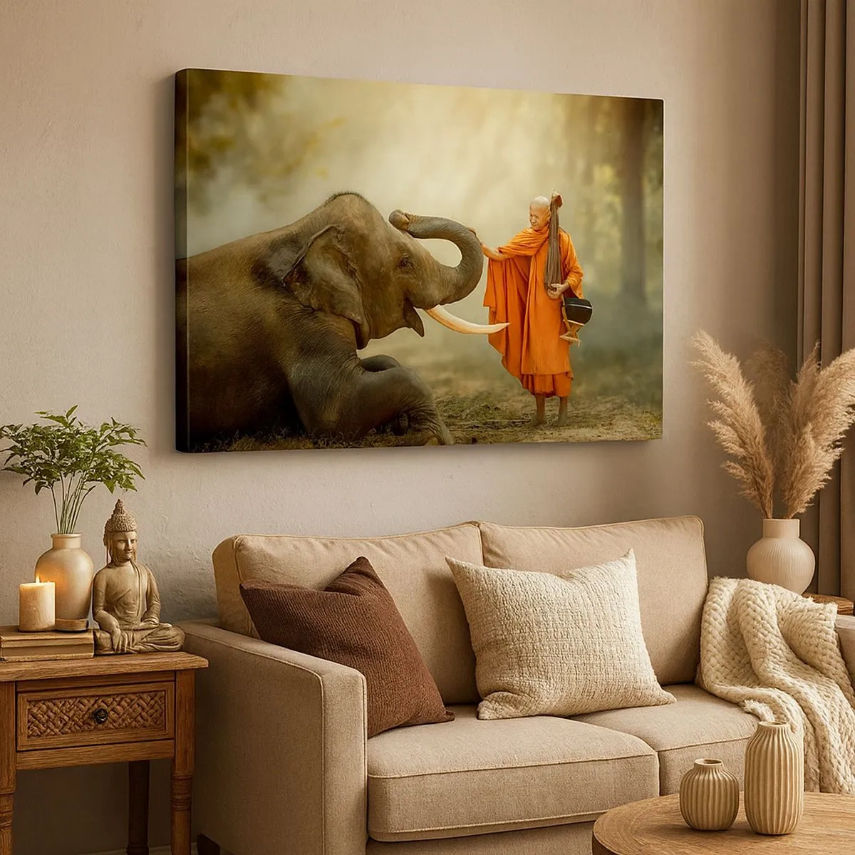 Impression sur toile - Image sur toile - Un moine et un éléphant en harmonie avec la nature en toile de fond - 70x50cm - Rencontre en voyageant - Décoration murale moderne pour le salon et la chambre ARTTOR