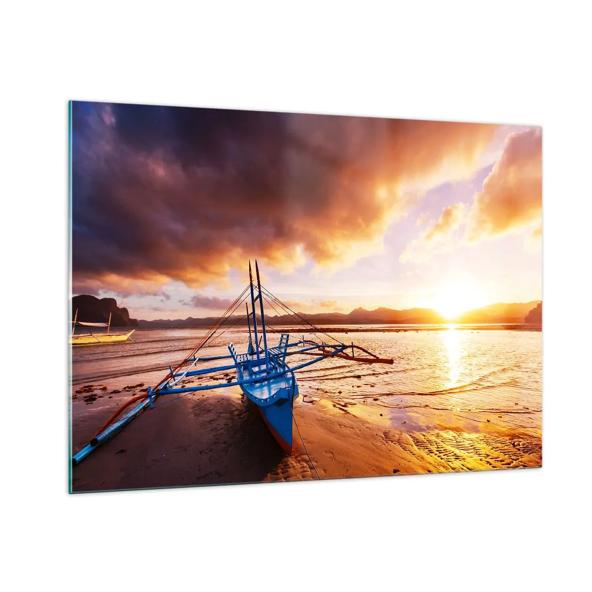 Impression sur verre - Image sur verre - Bateau sur la plage au coucher du soleil avec un ciel dramatique - 100x70cm - Allongez-vous dans le sable après une longue journée - Décoration murale moderne pour le salon et la chambre ARTTOR