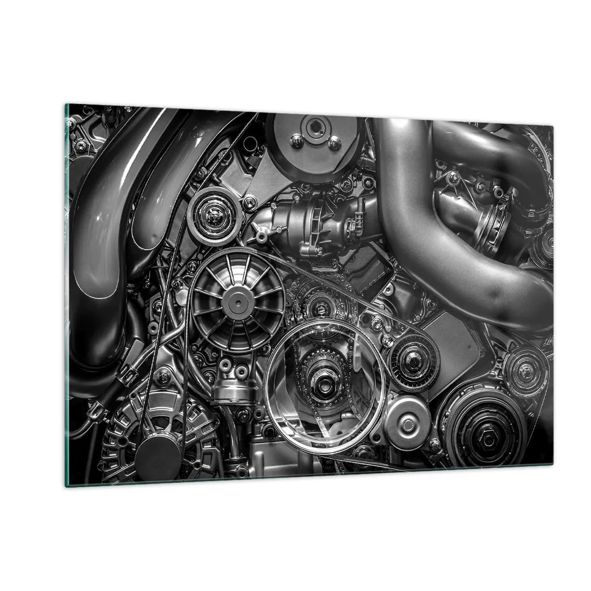 Impression sur verre - Image sur verre - Détail d'un moteur noir et blanc avec mécanismes visibles - 120x80cm - Poésie mécanique - Décoration murale moderne pour le salon et la chambre ARTTOR