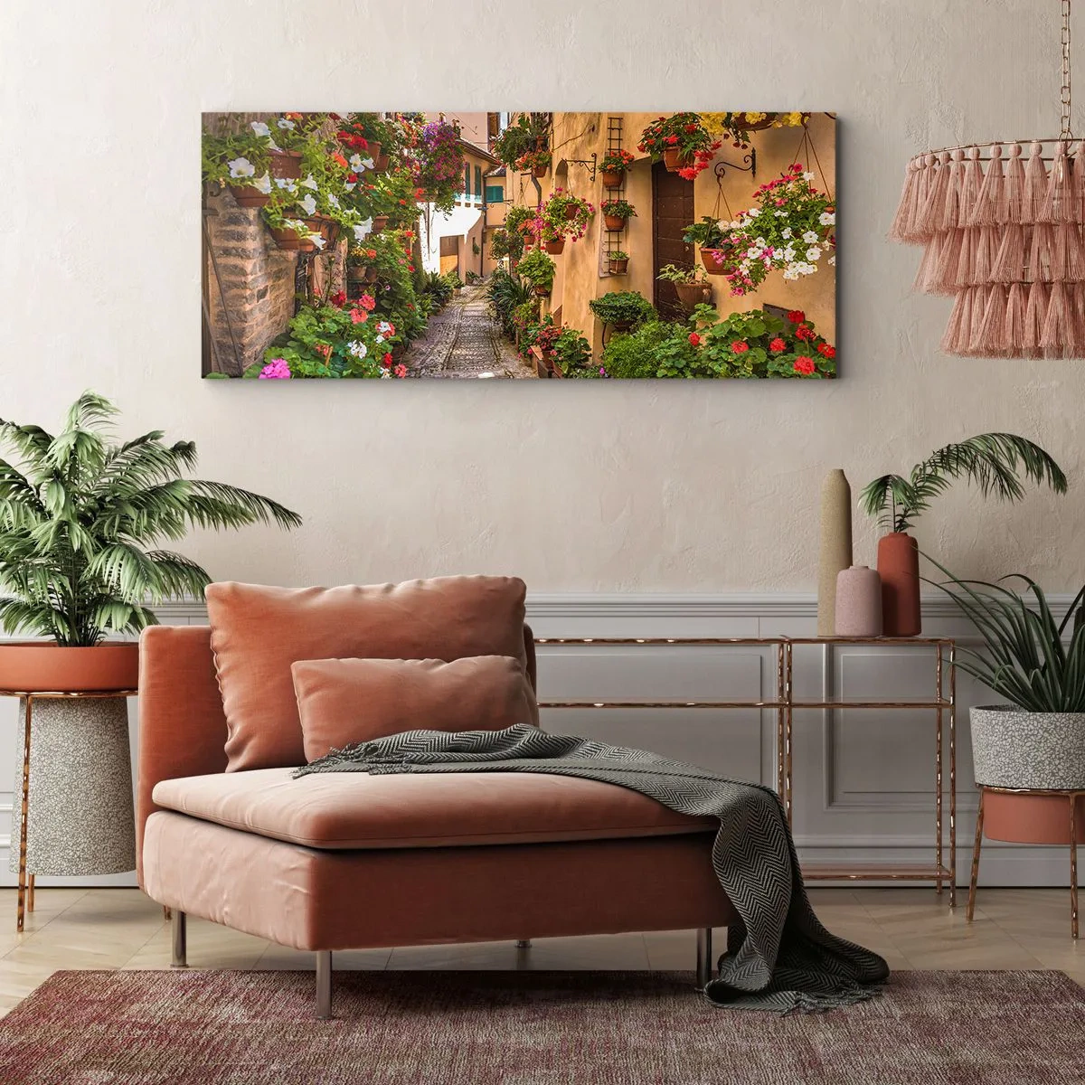 Impression sur toile - Image sur toile - Une charmante rue pleine de fleurs et de pots de fleurs - 160x50cm - Ruelle italienne - Décoration murale moderne pour le salon et la chambre ARTTOR