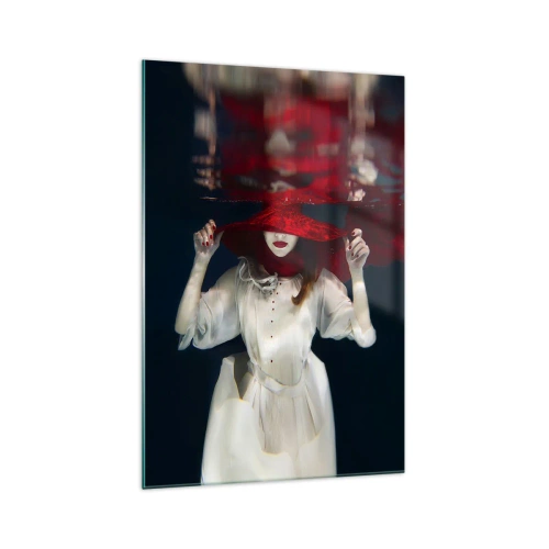 Impression sur verre - Image sur verre - Une femme avec un chapeau rouge immergée dans l'eau - 70x100cm - Femme mystérieuse - Décoration murale moderne pour le salon et la chambre ARTTOR
