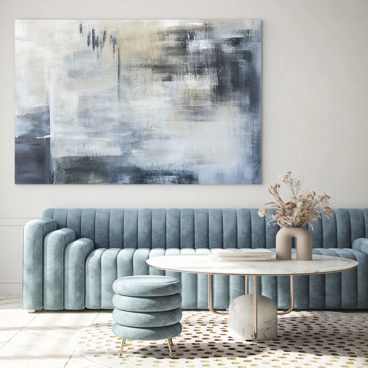 Impression sur verre - Image sur verre - Composition abstraite dans les tons de bleu et de gris - 70x50cm - Derrière le rideau bleu - Décoration murale moderne pour le salon et la chambre ARTTOR