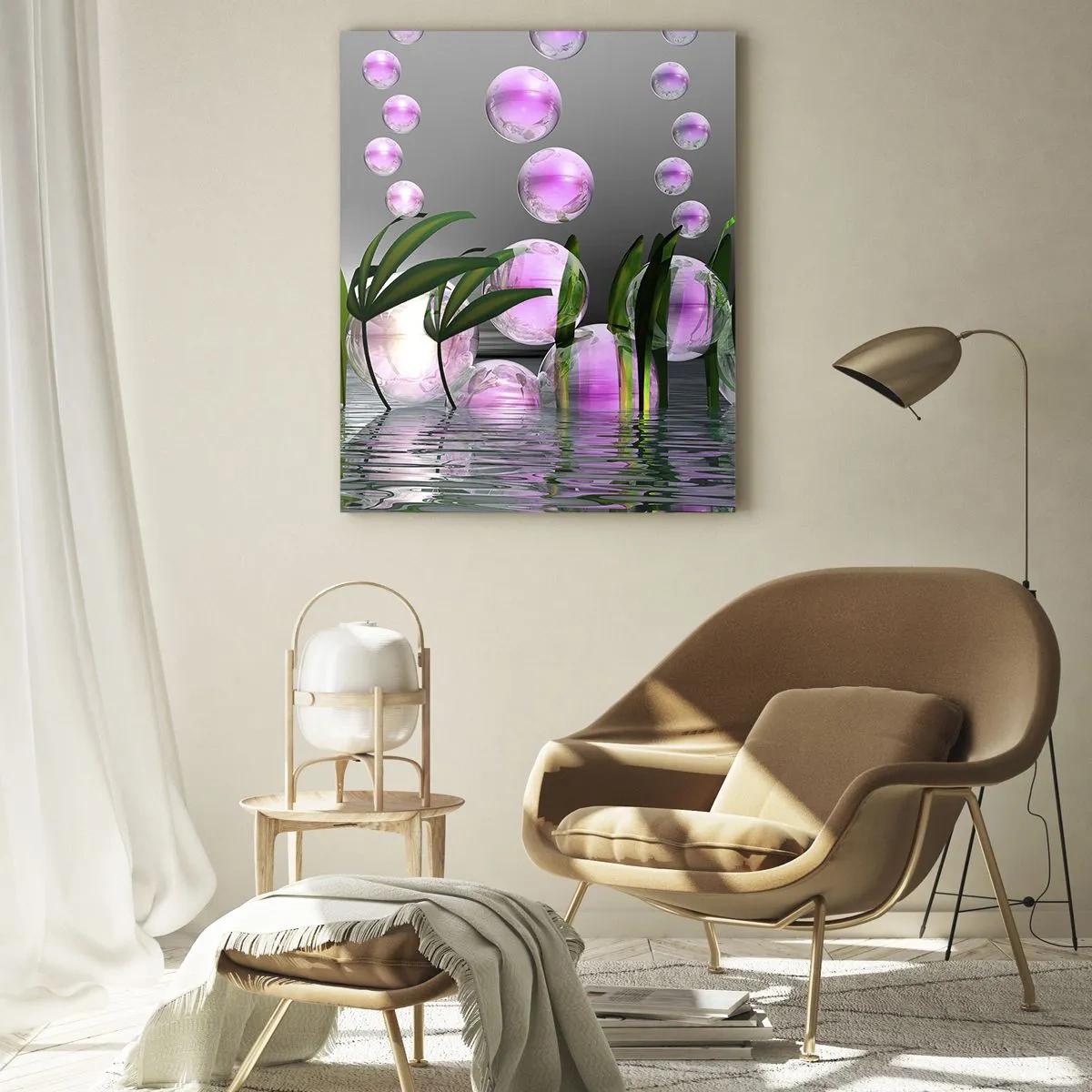 Impression sur verre - Image sur verre - Bulles violettes flottant au-dessus de l'eau avec des plantes - 50x70cm - Une composition réfléchissante de légèreté et de vie - Décoration murale moderne pour le salon et la chambre ARTTOR