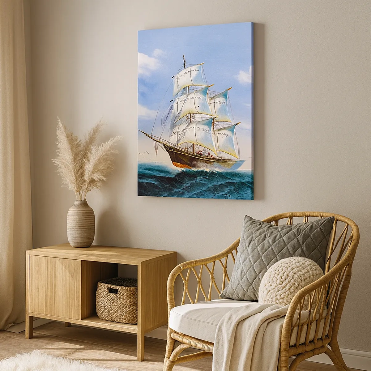 Impression sur toile - Image sur toile - Un voilier en pleine mer sous un ciel bleu - 50x70cm - Fièrement avec le vent - Décoration murale moderne pour le salon et la chambre ARTTOR