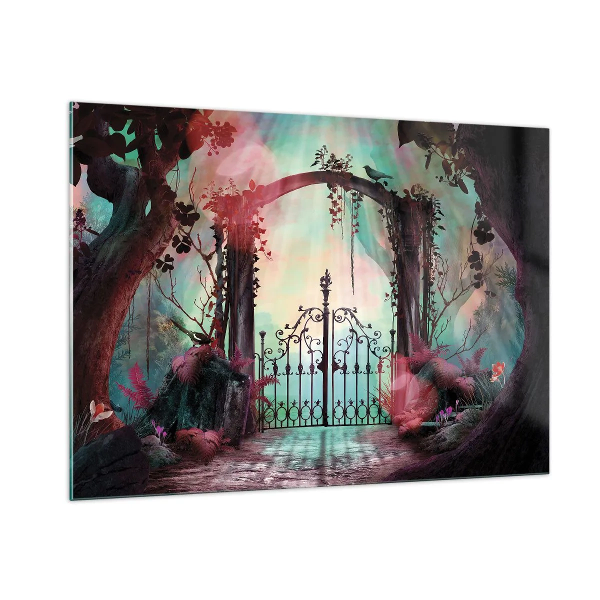 Impression sur verre - Image sur verre - Portes magiques dans une forêt de conte de fées - 100x70cm - Jardin secret - Décoration murale moderne pour le salon et la chambre ARTTOR