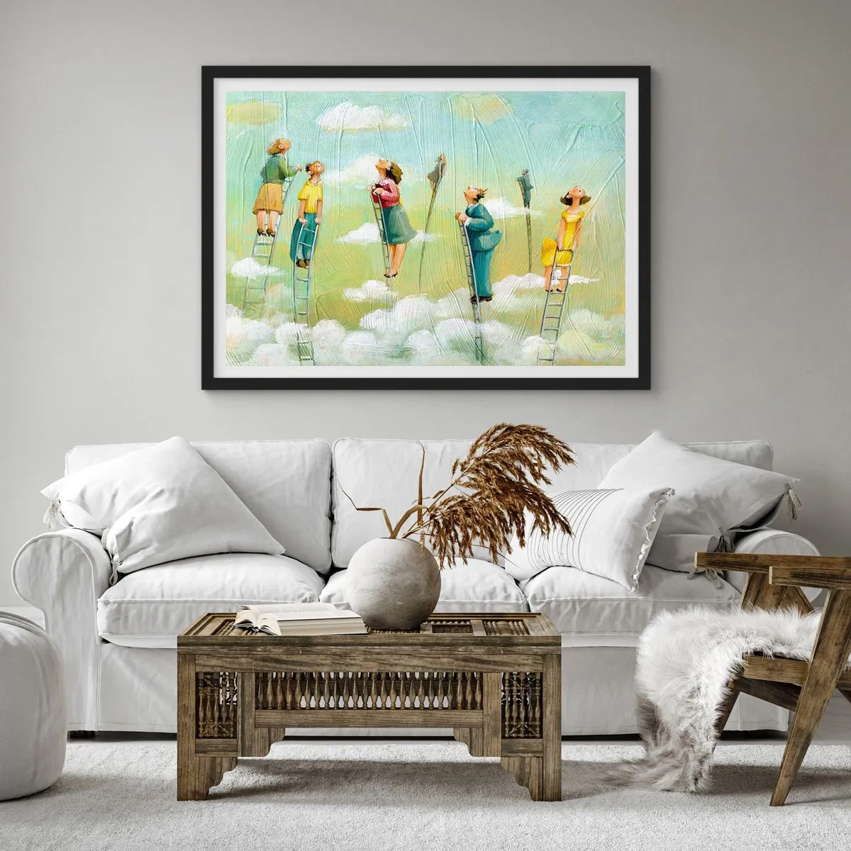 Affiche dans un cadre noir - Poster - Personnages grimpant sur des échelles parmi des nuages sur un fond pastel. - 70x50cm - Derrière ton rêve - Décoration murale moderne pour le salon et la chambre ARTTOR
