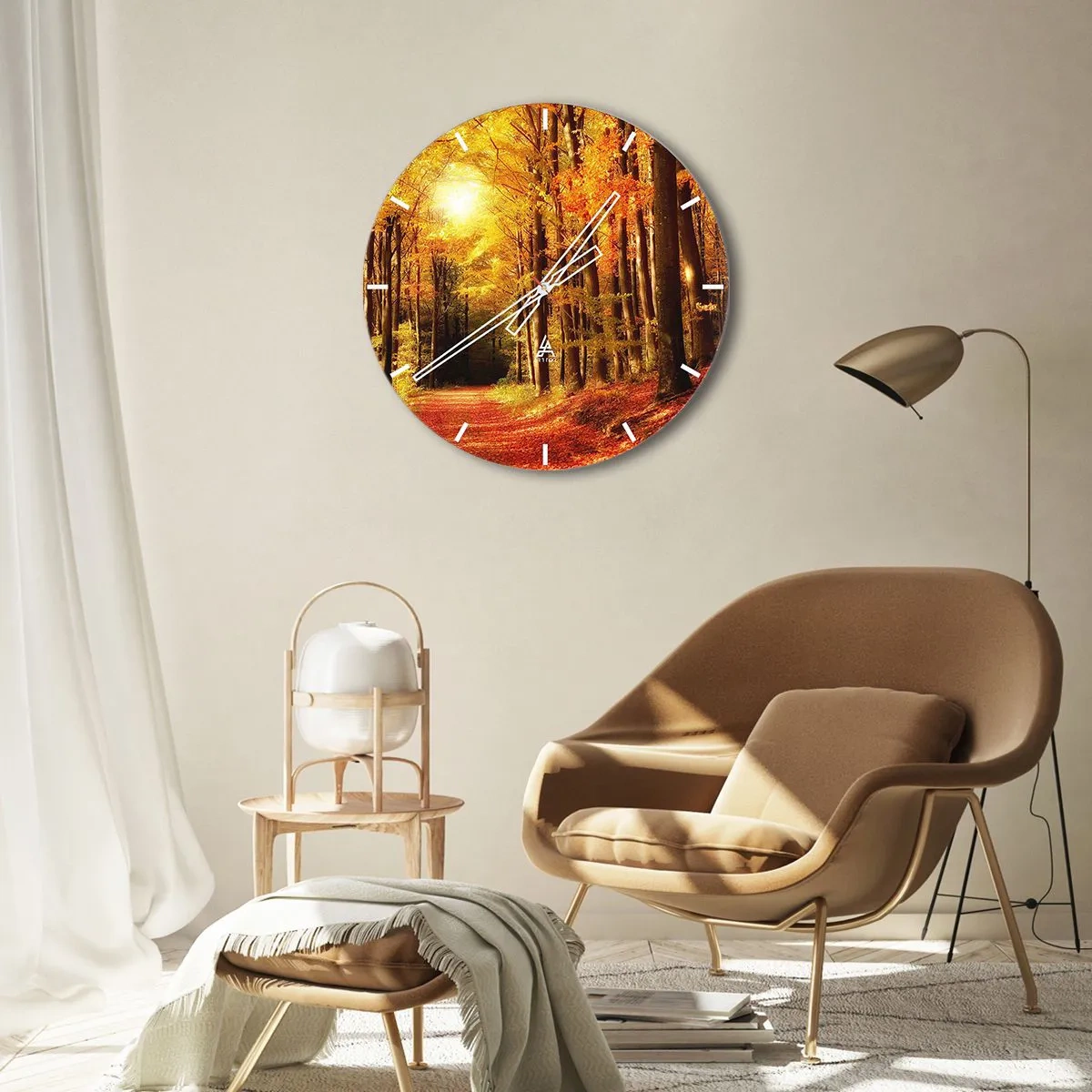 Horloge murale - Pendule murale - Forêt d'automne avec des rayons de soleil chauds - 30x30cm - Automne doré sur une route forestière - Décoration murale moderne pour le salon, la cuisine et la chambre ARTTOR