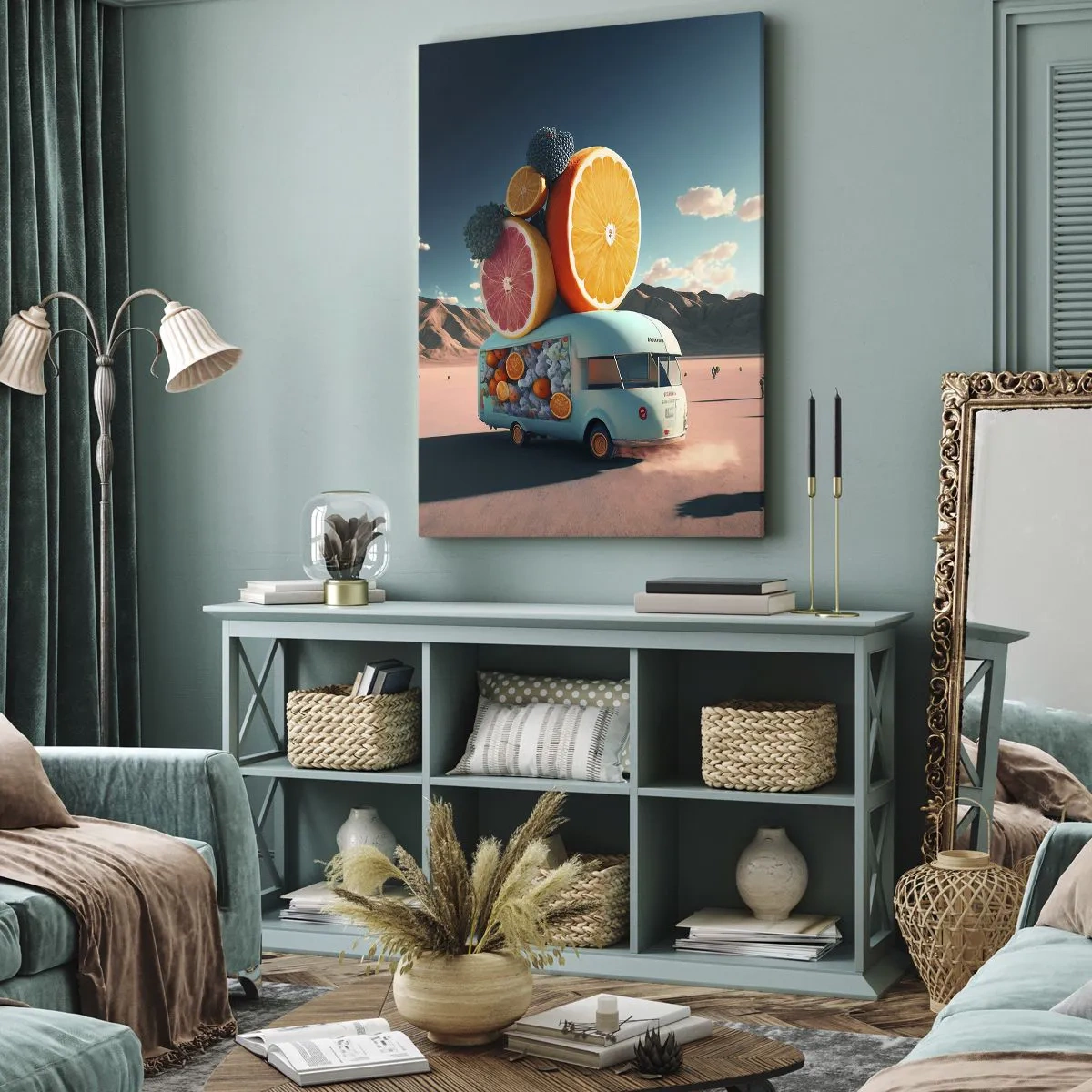 Impression sur toile - Image sur toile - Camion de fruits dans un paysage désertique - 70x100cm - Le goût des vacances - Décoration murale moderne pour le salon et la chambre ARTTOR