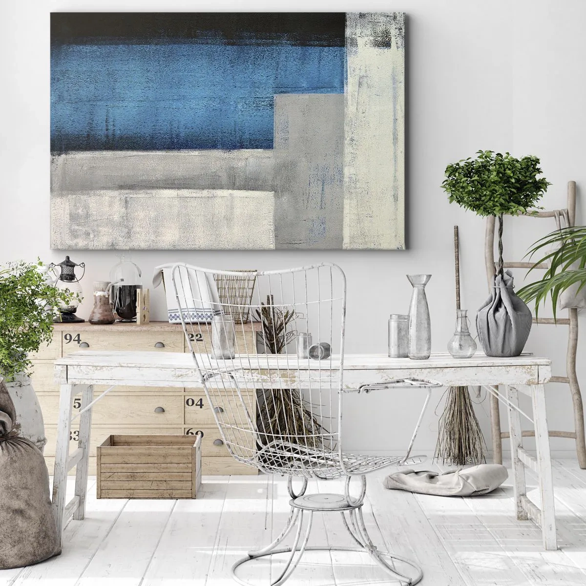 Impression sur toile - Image sur toile - Une composition abstraite avec des nuances de bleu, de gris et de blanc. - 100x70cm - Une composition poétique de gris et de bleu - Décoration murale moderne pour le salon et la chambre ARTTOR