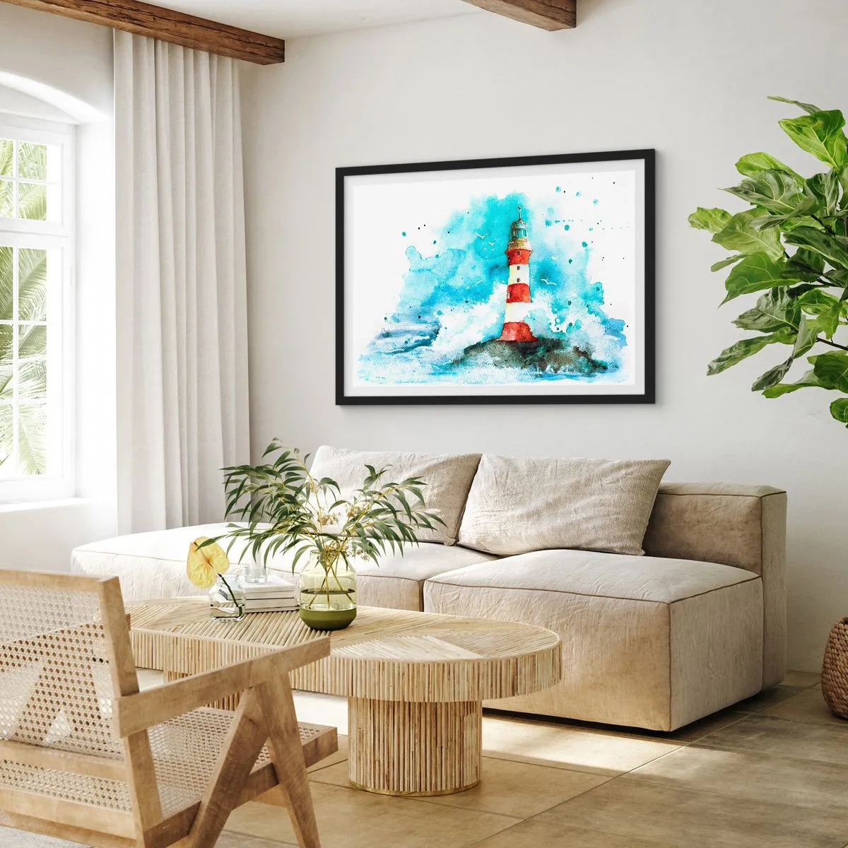 Affiche dans un cadre noir - Poster - Un phare dans un décor aquarelle sur fond bleu - 100x70cm - Unité des éléments - Décoration murale moderne pour le salon et la chambre ARTTOR