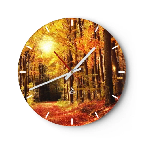 Horloge murale - Pendule murale - Forêt d'automne avec des rayons de soleil chauds - 30x30cm - Automne doré sur une route forestière - Décoration murale moderne pour le salon, la cuisine et la chambre ARTTOR