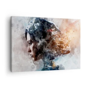 Impression sur toile - Image sur toile - Portrait d'une femme combinant son visage avec un paysage urbain en arrière-plan - 70x50cm - L'histoire d'une fille avec une ville en arrière-plan - Décoration murale moderne pour le salon et la chambre ARTTOR