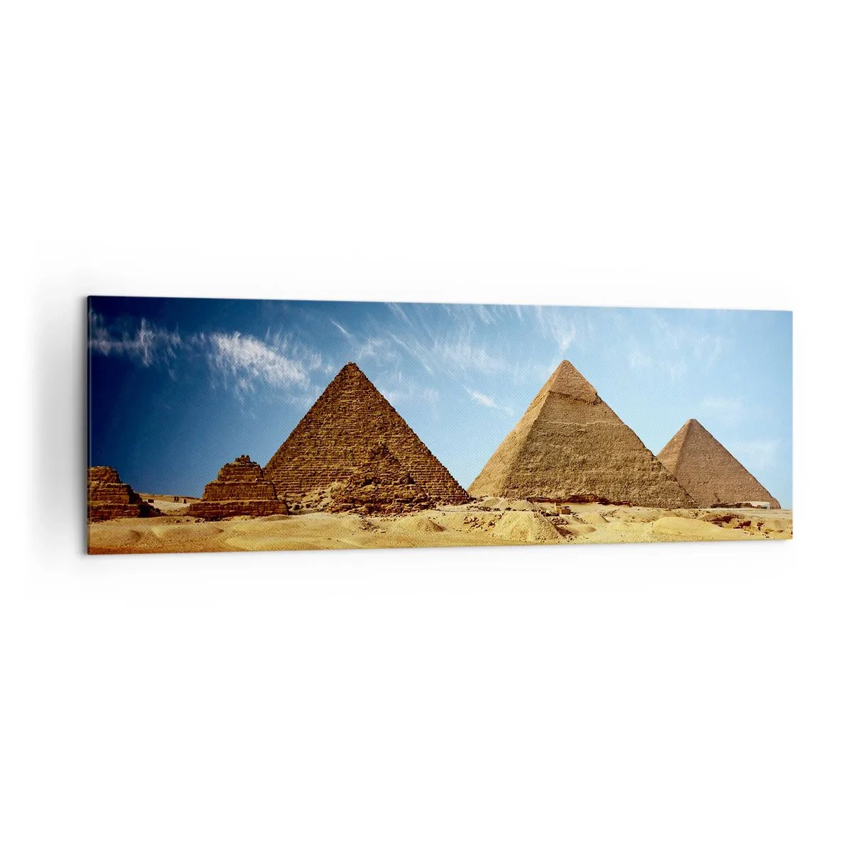 Impression sur toile - Image sur toile - Les pyramides de Gizeh contre un ciel bleu et un paysage désertique - 160x50cm - 40 siècles vous regardent - Décoration murale moderne pour le salon et la chambre ARTTOR
