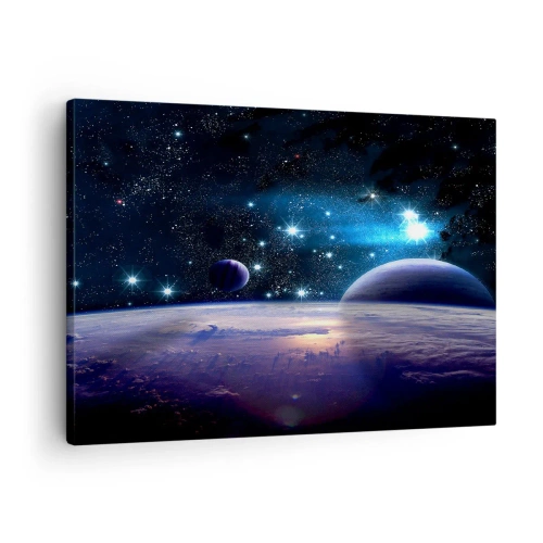 Impression sur toile - Image sur toile - Une vue de l'espace avec des planètes et des étoiles - 70x50cm - Toujours seul? - Décoration murale moderne pour le salon et la chambre ARTTOR