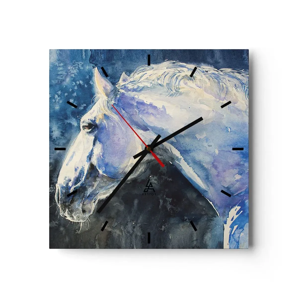 Horloge murale - Pendule murale - Portrait d'un cheval dans des tons de bleu avec un effet aquarelle pictural. - 30x30cm - Portrait dans une lueur azur - Décoration murale moderne pour le salon et la chambre ARTTOR