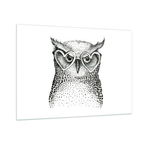 Impression sur verre - Image sur verre - Illustration d'un hibou portant des lunettes en forme de cœur - 100x70cm - Sagement et avec amour - Décoration murale moderne pour le salon et la chambre ARTTOR