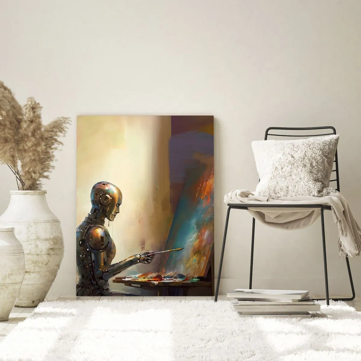 Impression sur verre - Image sur verre - Un robot peignant un tableau sur un chevalet - 50x70cm - L'art du futur - Décoration murale moderne pour le salon et la chambre ARTTOR