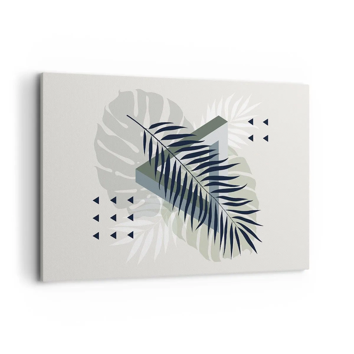 Impression sur toile - Image sur toile - Composition géométrique avec des feuilles tropicales dans des tons verts - 120x80cm - Nature et géométrie - deux odres? - Décoration murale moderne pour le salon et la chambre ARTTOR