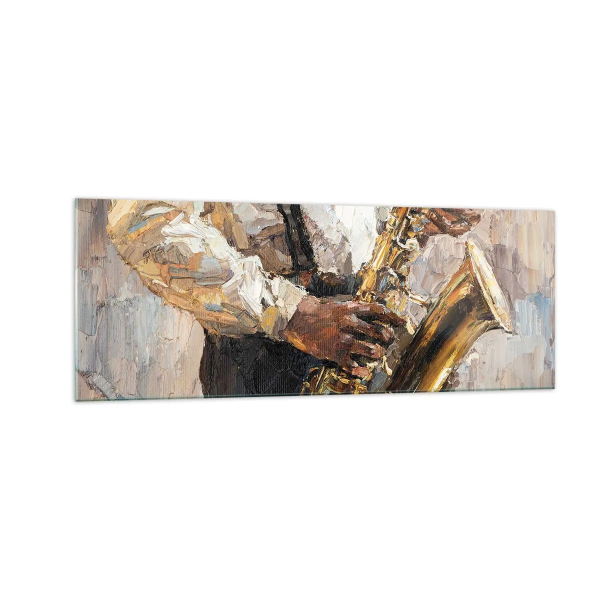 Impression sur verre - Image sur verre - Un musicien jouant du saxophone dans un style artistique - 140x50cm - C'est l'heure du solo - Décoration murale moderne pour le salon et la chambre ARTTOR