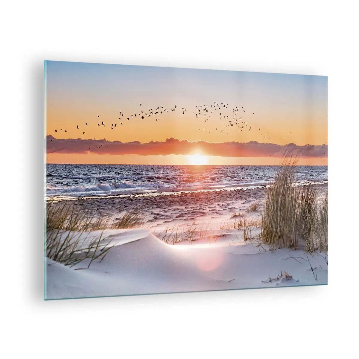 Impression sur verre - Image sur verre - Coucher de soleil sur la mer avec des oiseaux et des dunes de sable - 70x50cm - Paysage horizontal - Décoration murale moderne pour le salon et la chambre ARTTOR