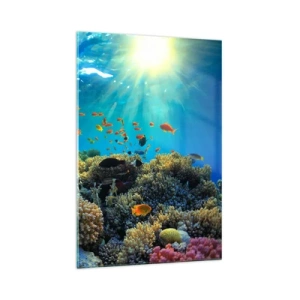 Impression sur verre - Image sur verre - Récif corallien avec des poissons sous les rayons du soleil sous l'eau - 70x100cm - Trésor sous-marin - Décoration murale moderne pour le salon et la chambre ARTTOR