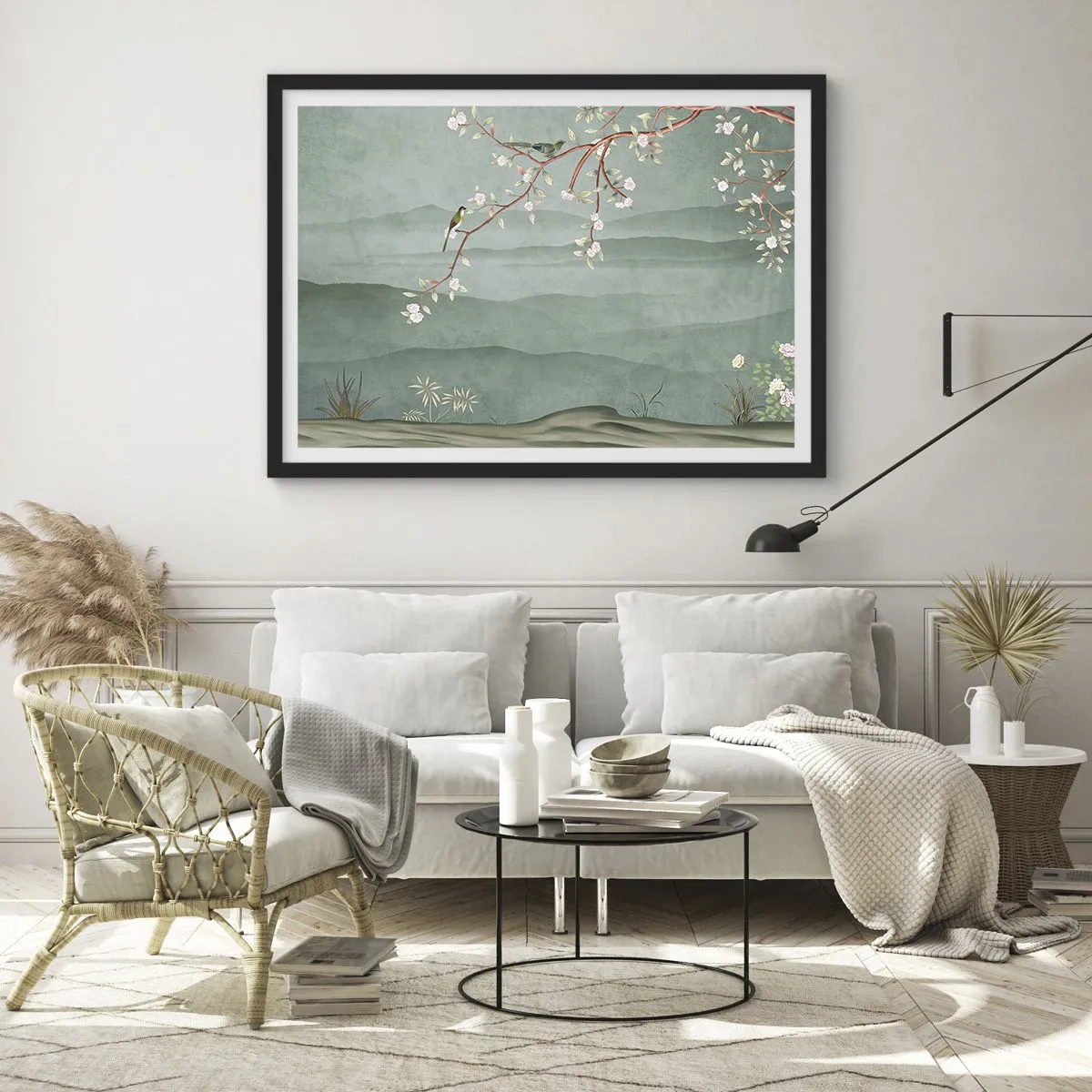 Affiche dans un cadre noir - Poster - Une image pittoresque d'une branche d'arbre en fleurs avec des oiseaux sur fond de collines verdoyantes. - 70x50cm - Printemps oh c'est toi - Décoration murale moderne pour le salon et la chambre ARTTOR