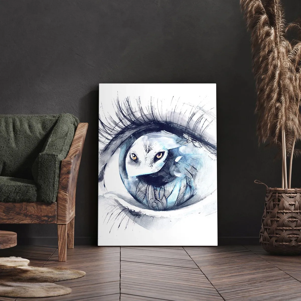 Impression sur toile - Image sur toile - Un œil avec une image d'un hibou dans des tons bleus à l'aquarelle - 80x120cm - Face à face avec la nature sauvage - Décoration murale moderne pour le salon et la chambre ARTTOR