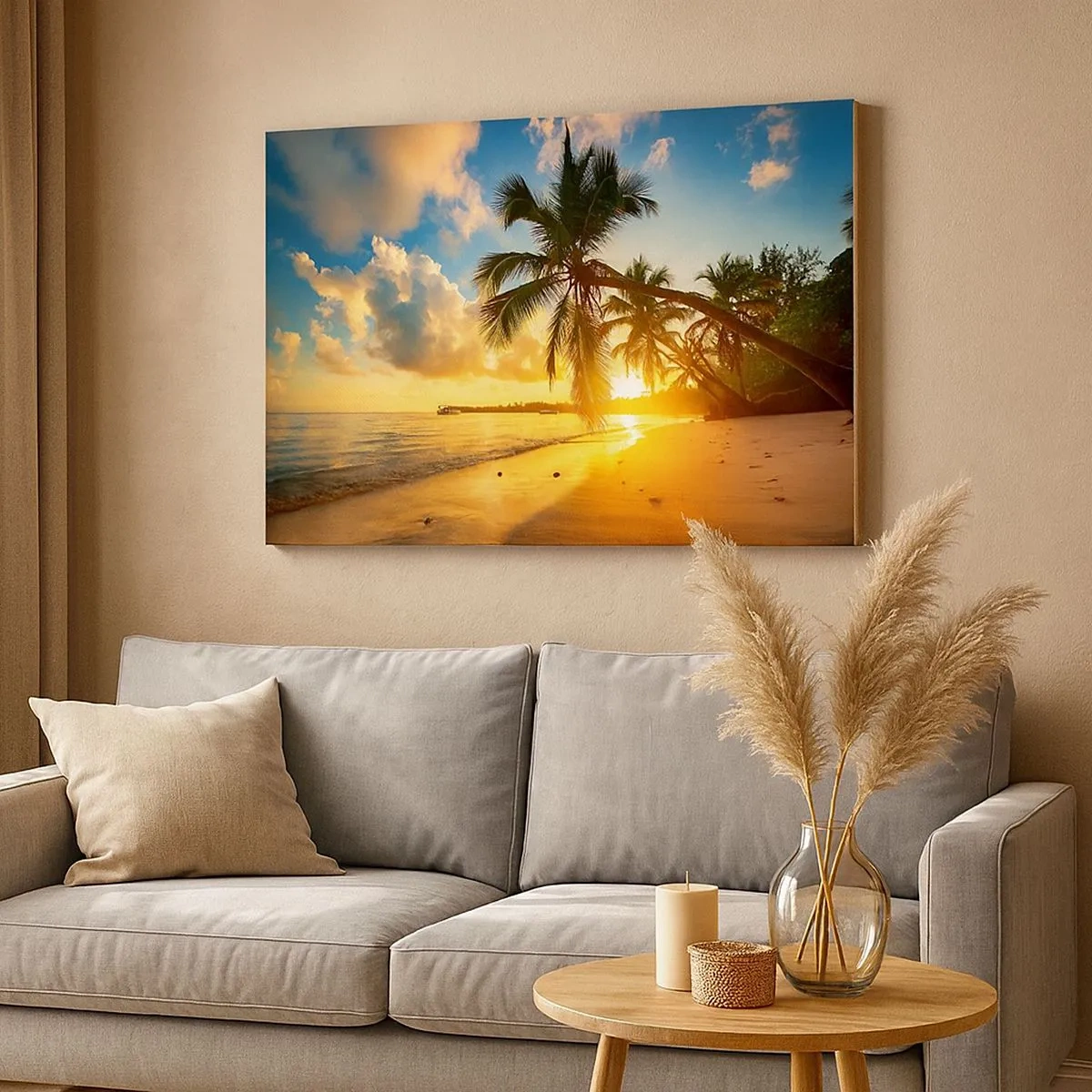 Impression sur toile - Image sur toile - Plage au coucher du soleil avec des palmiers au bord de la mer - 70x50cm - Rêve caribéen - Décoration murale moderne pour le salon et la chambre ARTTOR
