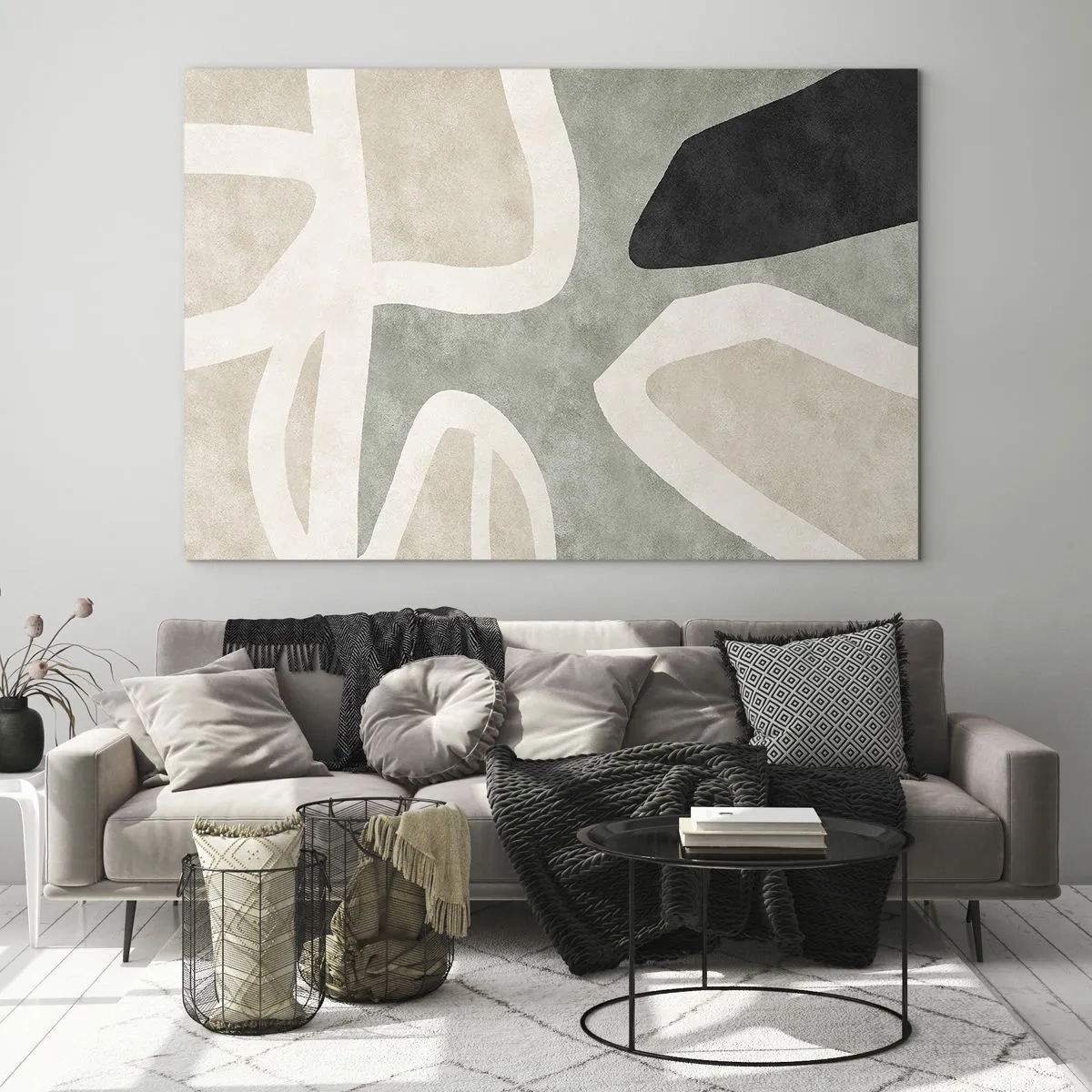 Impression sur verre - Image sur verre - Formes abstraites en beige et vert avec une touche de noir - 70x50cm - Composition pour motif noir - Décoration murale moderne pour le salon et la chambre ARTTOR