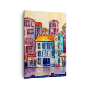 Impression sur toile - Image sur toile - Maisons colorées au bord de l'eau dans un style artistique - 70x100cm - Une ville comme dans un conte de fées - Décoration murale moderne pour le salon et la chambre ARTTOR