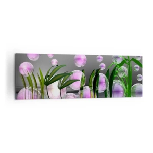 Impression sur toile - Image sur toile - Feuilles vertes et bulles roses au-dessus de l'eau sur fond gris - 160x50cm - Une composition réfléchissante de légèreté et de vie - Décoration murale moderne pour le salon et la chambre ARTTOR