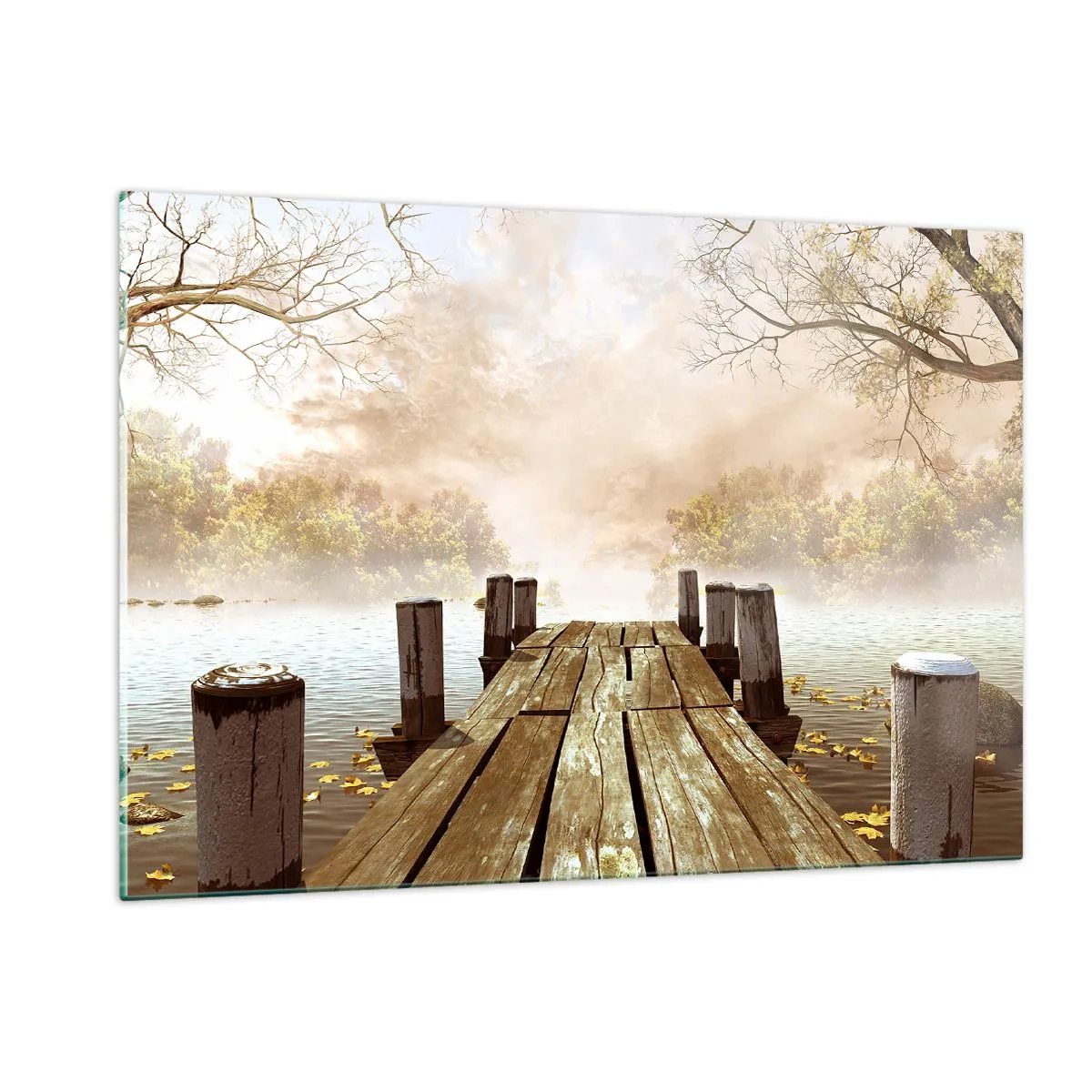 Impression sur verre - Image sur verre - Une jetée en bois sur un lac calme dans le brouillard - 120x80cm - La douce tristesse de l'automne - Décoration murale moderne pour le salon et la chambre ARTTOR