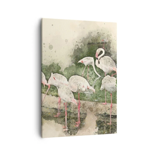 Impression sur toile - Image sur toile - Flamants roses dans leur environnement naturel dans un style aquarelle - 50x70cm - Rêve exotique - Décoration murale moderne pour le salon et la chambre ARTTOR