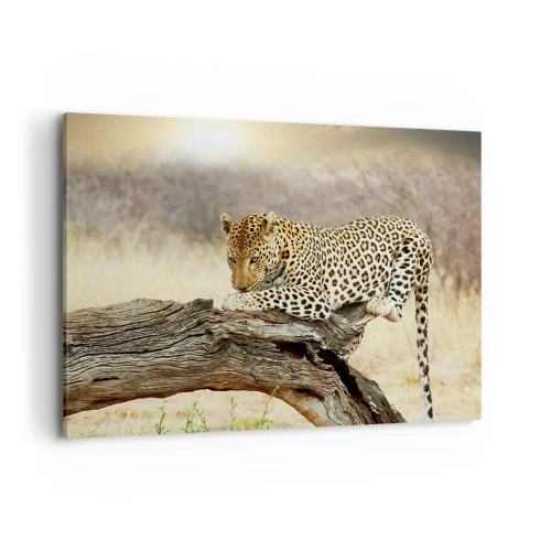 Impression sur toile - Image sur toile - Un léopard se reposant sur un tronc d'arbre dans la savane - 100x70cm - Je suis ma propre route - Décoration murale moderne pour le salon et la chambre ARTTOR