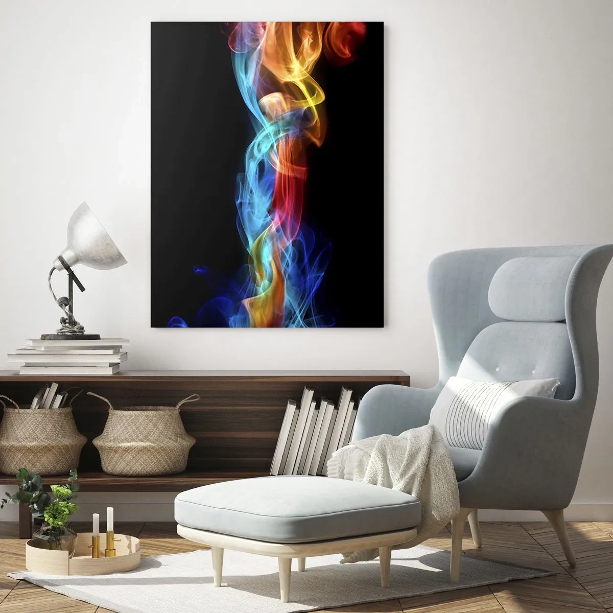 Impression sur verre - Image sur verre - Des traînées de fumée colorées sur un fond noir créant un motif abstrait - 50x70cm - Danse arc-en-ciel du brouillard - Décoration murale moderne pour le salon et la chambre ARTTOR