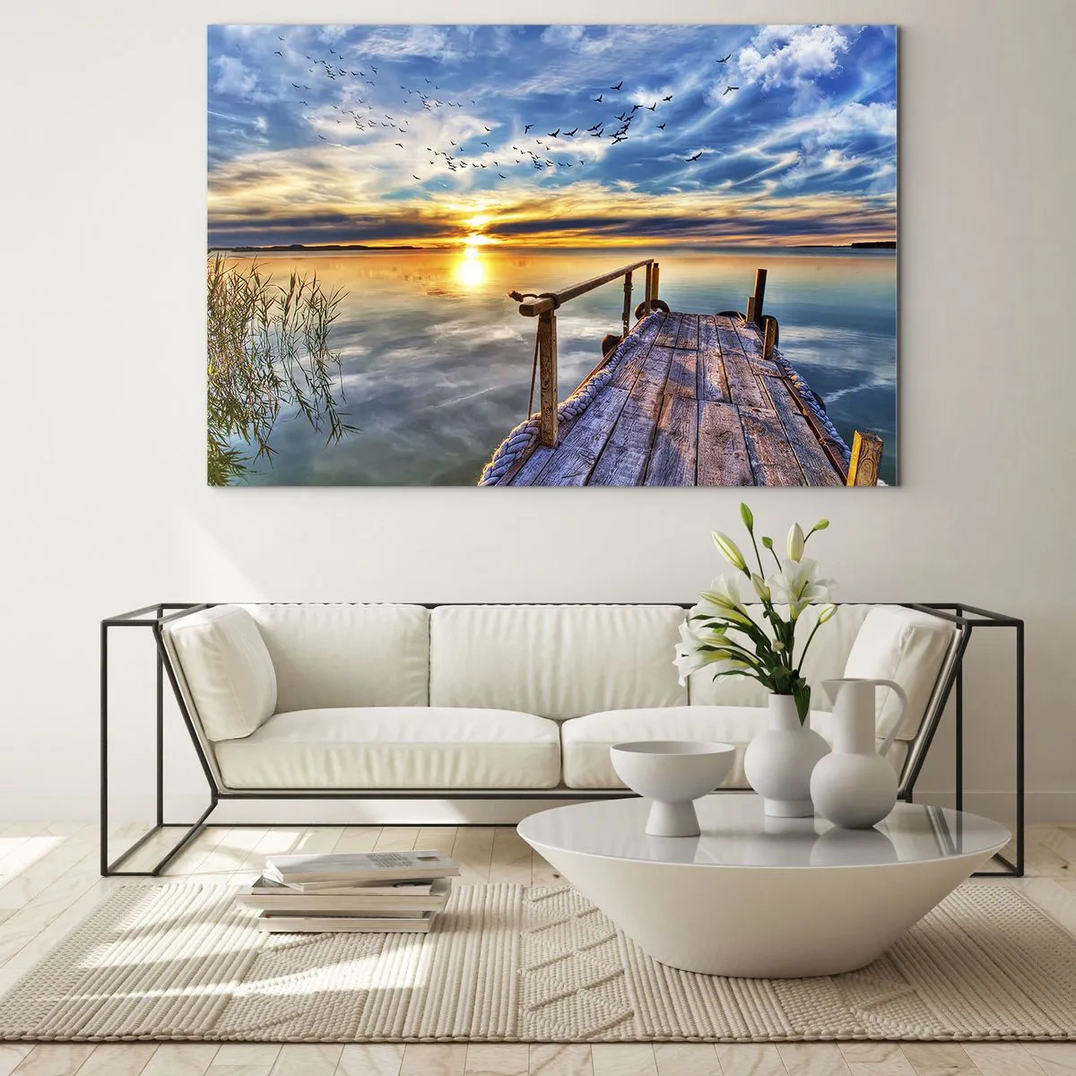 Impression sur verre - Image sur verre - Jetée au bord du lac au coucher du soleil avec des oiseaux dans le ciel - 120x80cm - Le vent se repose - Décoration murale moderne pour le salon et la chambre ARTTOR